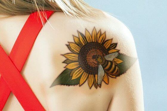 Sunflower Honey Bee Tattoo on girl's back shoulder (1)