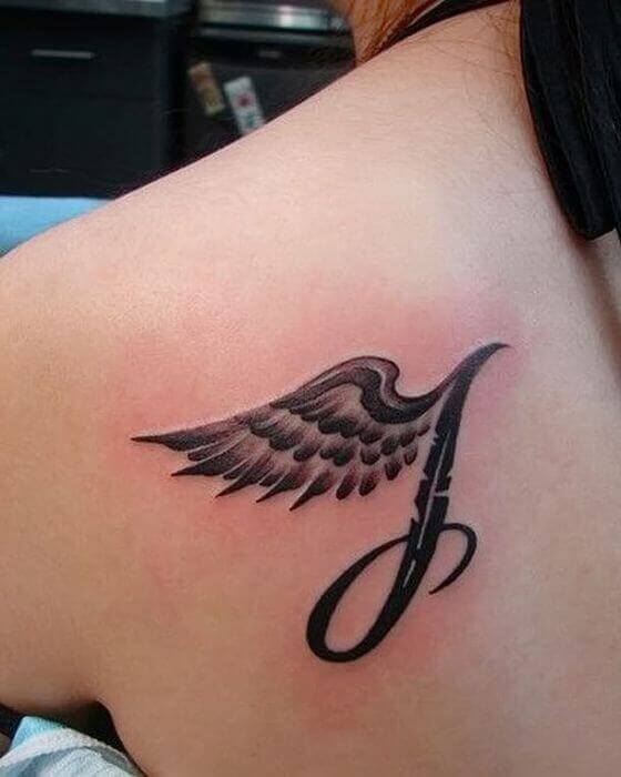 Initial Tattoo on Back with Wing