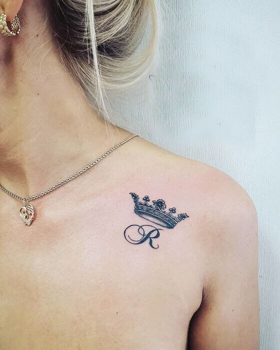 Initial Tattoo on Shoulder with King Crown 