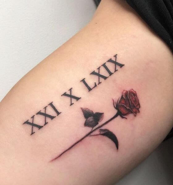 Roman Numerals Tattoo with rose on arm 