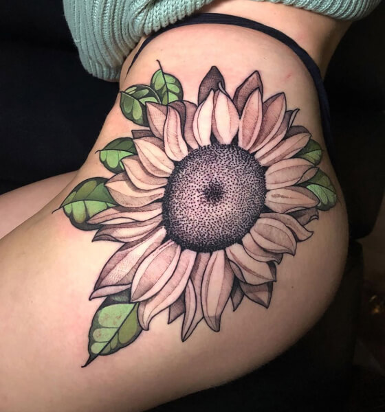 Amazing Sunflower Hip Tattoo