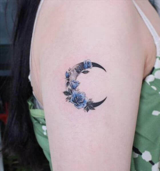 Blue rose and moon tattoo