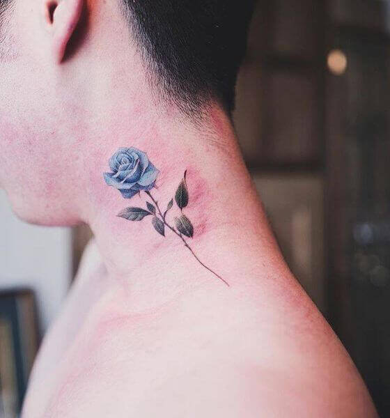 Blue rose tattoo on neck