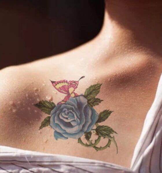 Blue rose with butterfly tattoo designs