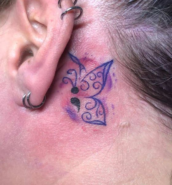 Butterfly Semicolon Tattoo on Behind the Ear