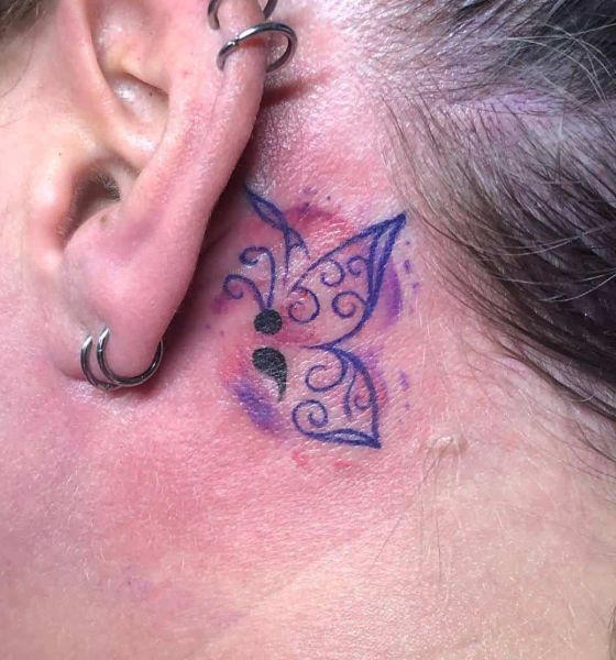 semicolon tattoo behind ear