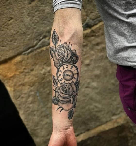 Clock with Rose Tattoo Designs