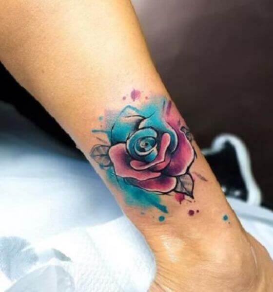 Colorful Blue rose tattoo on leg
