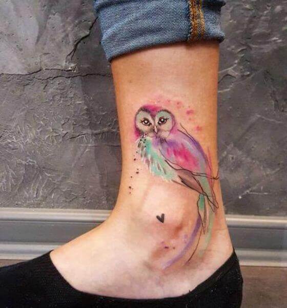 Colorful Owl Tattoo on Ankle