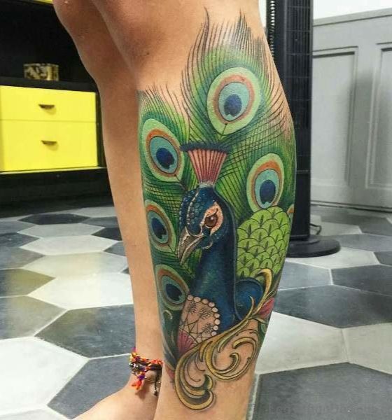 Enticing Peacock Tattoo on Leg