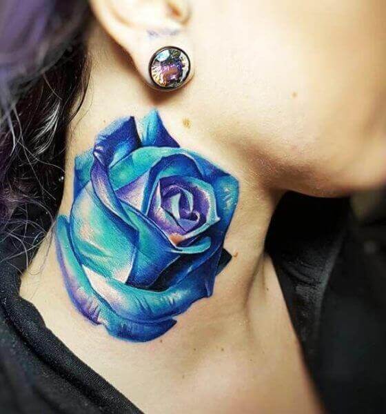 Gorgeous Blue rose tattoo on neck