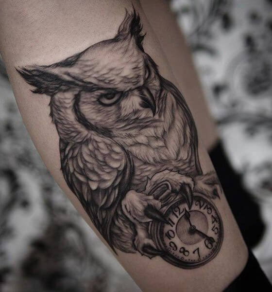 Owl with Watch Tattoo Design