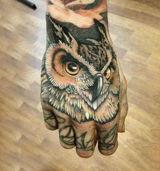Incredible Horned Owl Tattoo on Hand