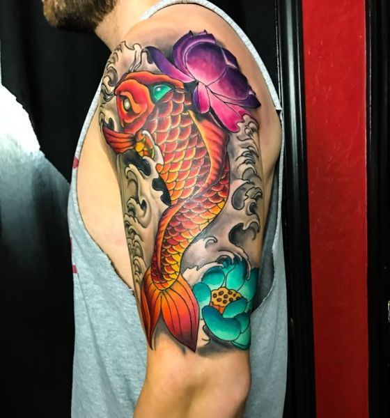 Lotus Flower with Koi Fish Tattoo on Shoulder