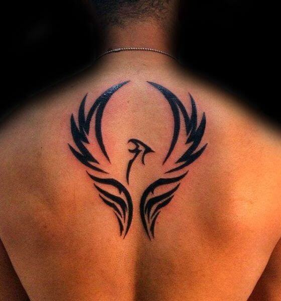 Black Ink Phoenix Tattoo on Back