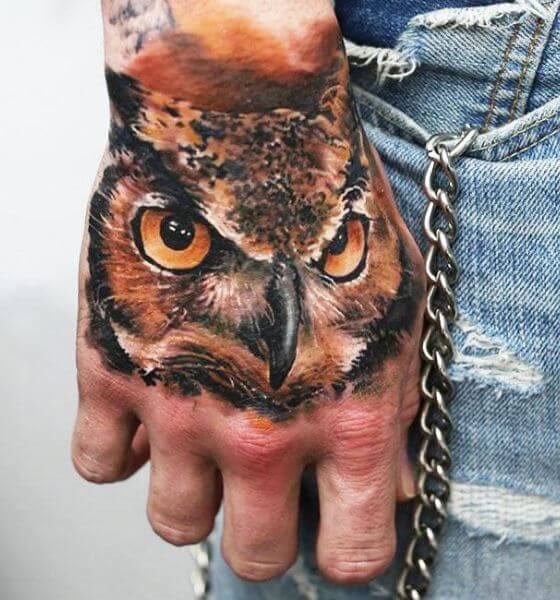 Realistic Owl Tattoo on Hand