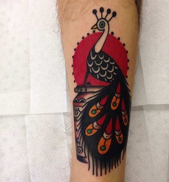 Amazing Red Ink Peacock Tattoo