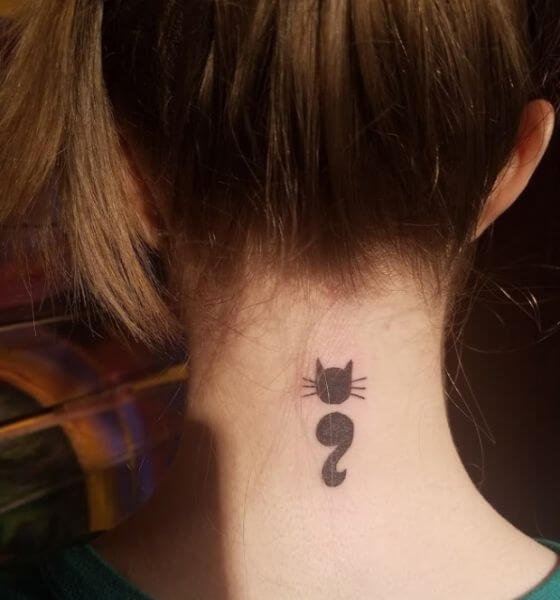 Semicolon Cat Tattoo on Neck