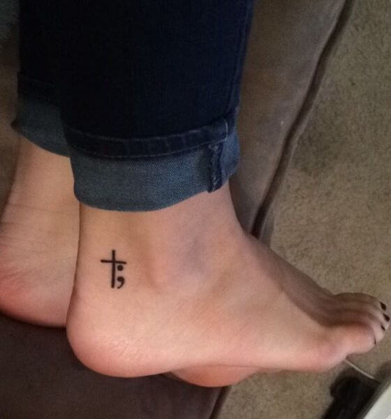 Semicolon Cross Tattoo on ankle 