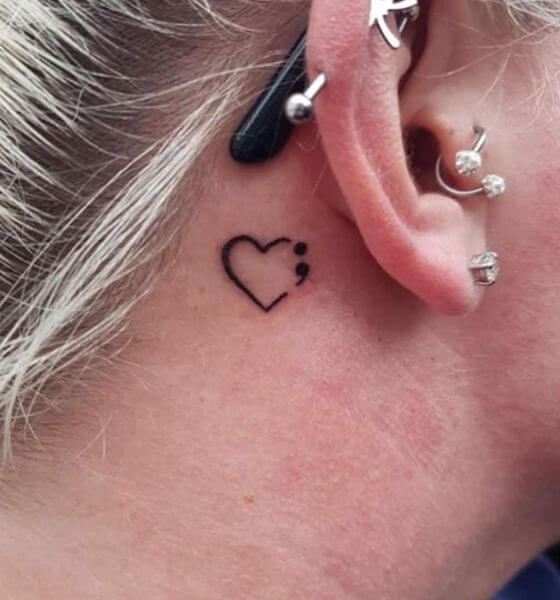 Semicolon Heart Tattoo Behind the Ear