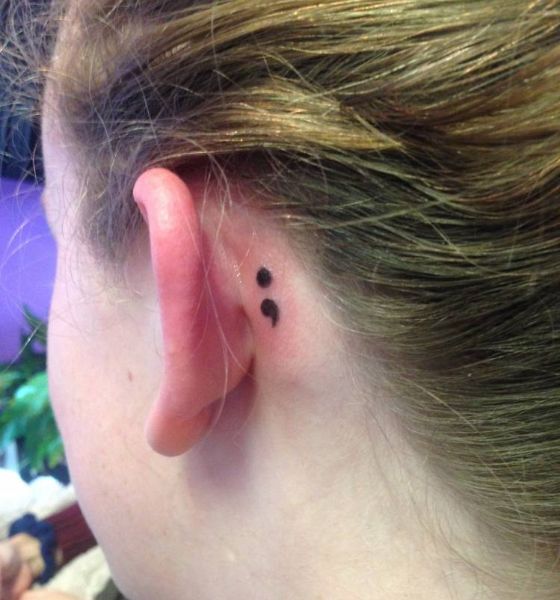 Semicolon Tattoo Behind the Ear