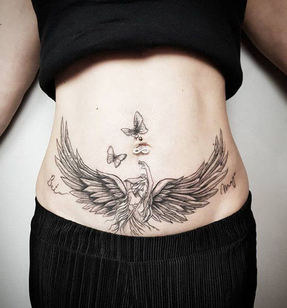 Angel Wings Tattoo on Women's Stomach