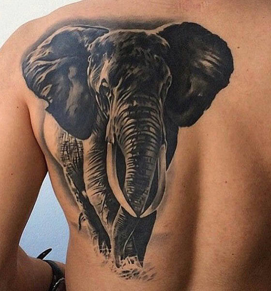 Black Elephant Tattoo Design on Back