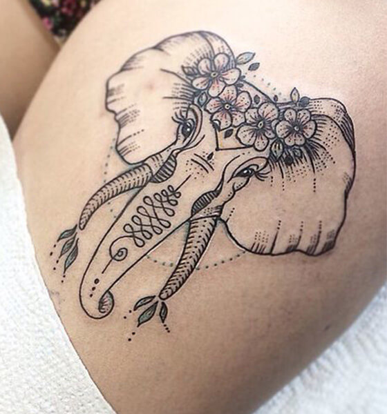 Elephant Head Tattoo on Thigh