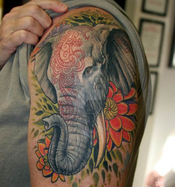 Elephant Tattoo with Flowers on Sleeve