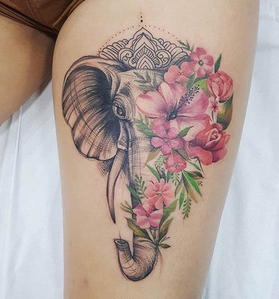 Elephant Tattoo with Flowers on Thigh