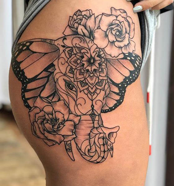 Elephant Tattoo with Flowers on Hip