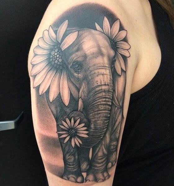 Elephant and Sunflower Tattoo Design on Sleeve