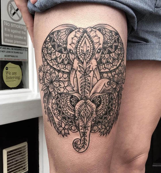 Beautiful Mandala Elephant Tattoo on Thigh