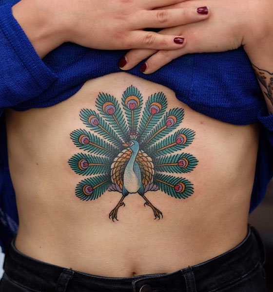 Peacock Tattoo Design on Stomach