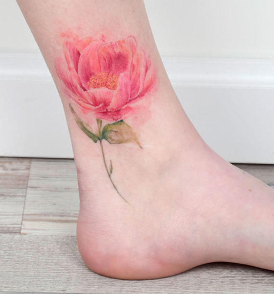 Peony Tattoo on Ankle