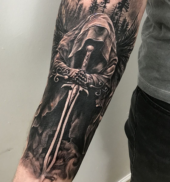 Sword Tattoo with Angel Warrior