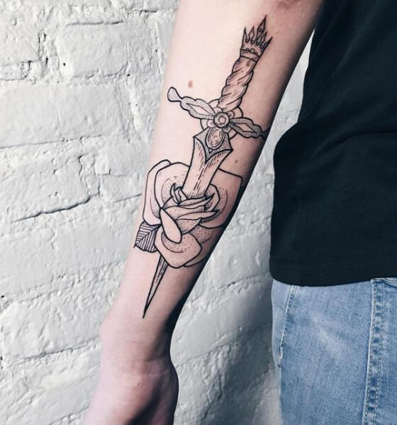 Sword with Rose Tattoo on Arm