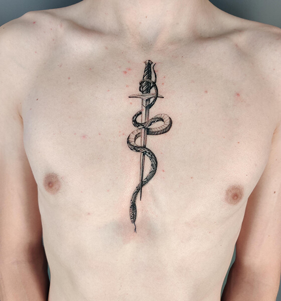 Sword with Snake Tattoo on Chest