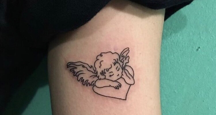 Black Ink Baby Angel With Banner Tattoo Design