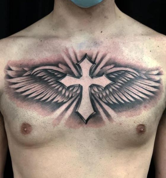 Cross with Angel Wings Tattoo on Chest