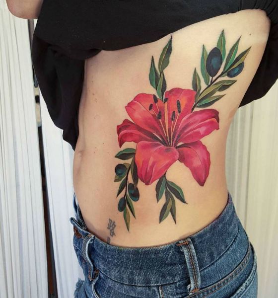 Delicate Black & Red Lily Tattoo