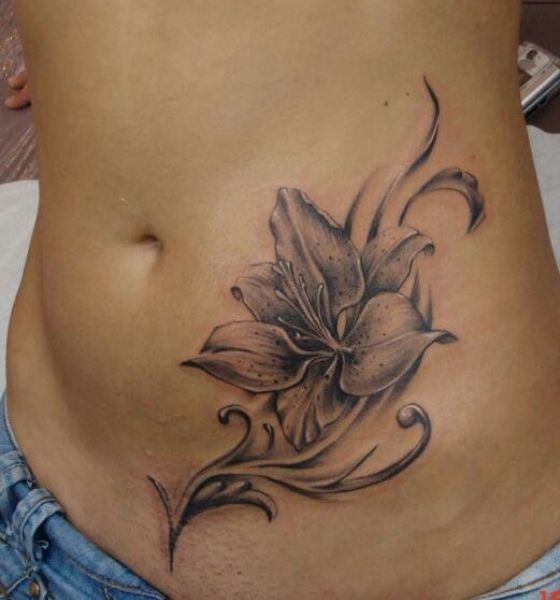 Lily Flower Tattoo on Stomach
