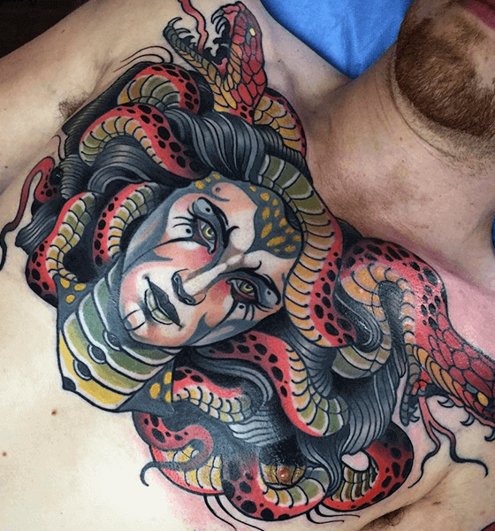 Amazing Medusa tattoo on chest