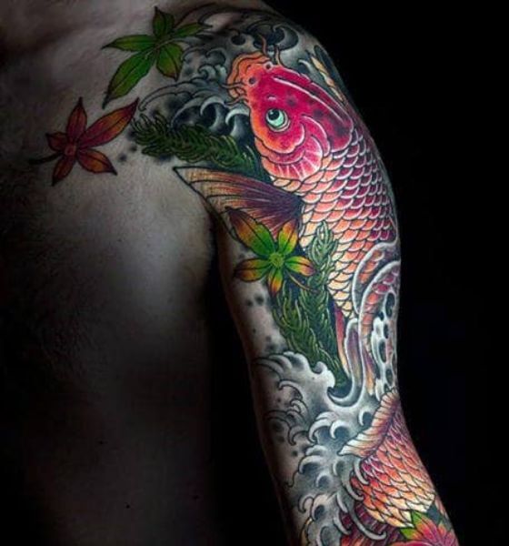 Amazing koi fish tattoo design on sleeve