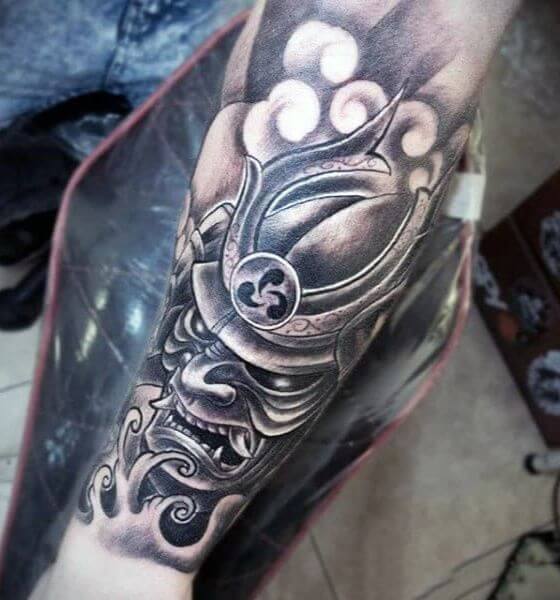 Angry samurai mask tattoo for men