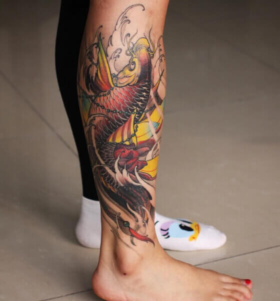Beautiful Koi Fish Tattoo on Leg