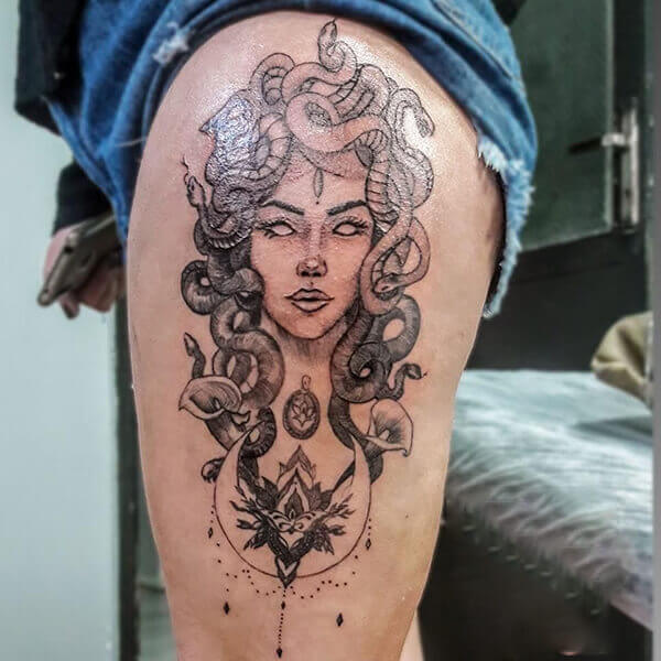Beautiful Medusa Tattoo on Thigh