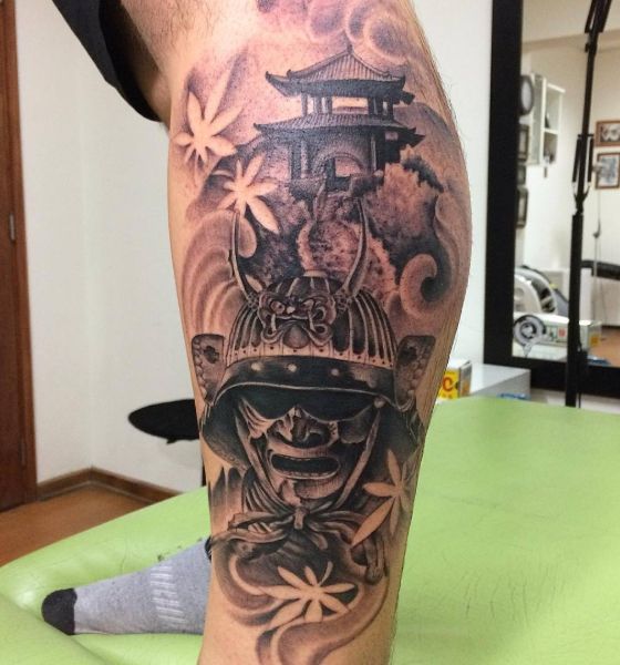Creative samurai tattoo on leg