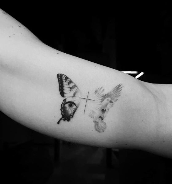 Dove and Butterfly Tattoo on Bicep