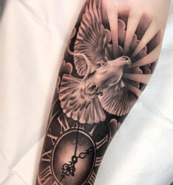 Dove with Clock Tattoo Designs
